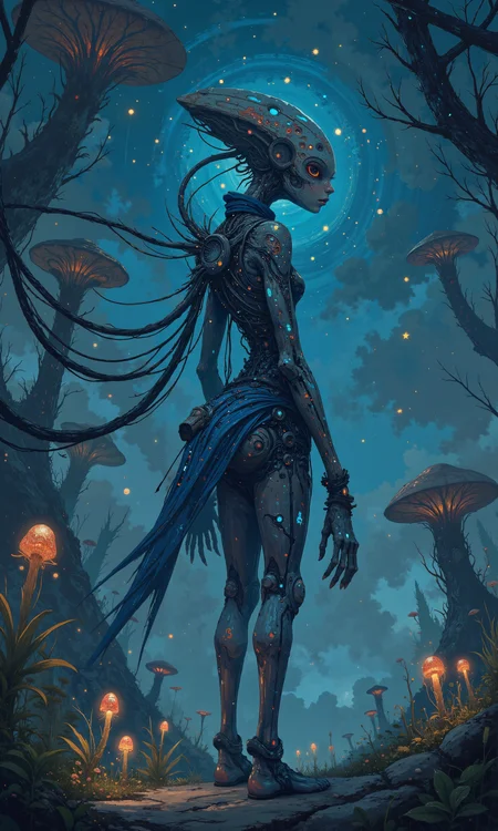 Intricate alien entity with four elongated limbs, a semi-translucent skin with swirling bioluminescent patterns, and an elongated, angular face devoid of a mouth, with large, multifaceted eyes. The body has a texture resembling that of smooth crystal shards, reflecting ambient starlight. Garments composed of woven iridescent fibers akin to spider silk, integrated with luminescent elements radiating a soft blue glow. The creature stands amidst a mist-shrouded alien forest with towering, luminescent fungi and softly glowing flora. The atmosphere is filled with gentle, diffused light, creating an ethereal hazy ambiance. The artwork boasts hyper-realistic detail, showcasing alien life forms interacting harmoniously with the environment, capturing the essence of an uncharted world thriving under strange constellations. 8k resolution, masterful quality, exquisite detail. <lora:FLUX-daubrez-DB4RZ:0.3> <lora:Ethereal Brush Anime v2.0:0.4> <lora:test2-000013:0.5> <lora:flux_dev:1>