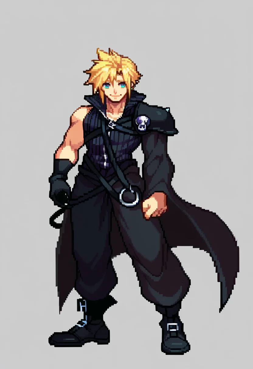 score_9, score_7_up, BREAK, solo, 1boy, smile, looking at viewer, <lora:CPS2-pdxl_Fp:1>, simple background, full body, pixel art, <lora:cloudstrife-pdxl-nvwls-v1:1>, acCloud, blonde hair, single earring, high collar, black shirt, single shoulder pad, harness, single sleeve, black gloves, black pants