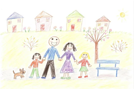 This is a colorful, whimsical drawing, depicting a family of four walking together outdoors in a park-like setting. The family consists of a parent and two children, accompanied by a small dog. The parent, holding hands, is drawn with a round head with a simple smile. There is a blue park bench. There are houses in the background. <lora:5yocrayon1_cap_d6a3e12:1.0><lora:822105196558606415:0>