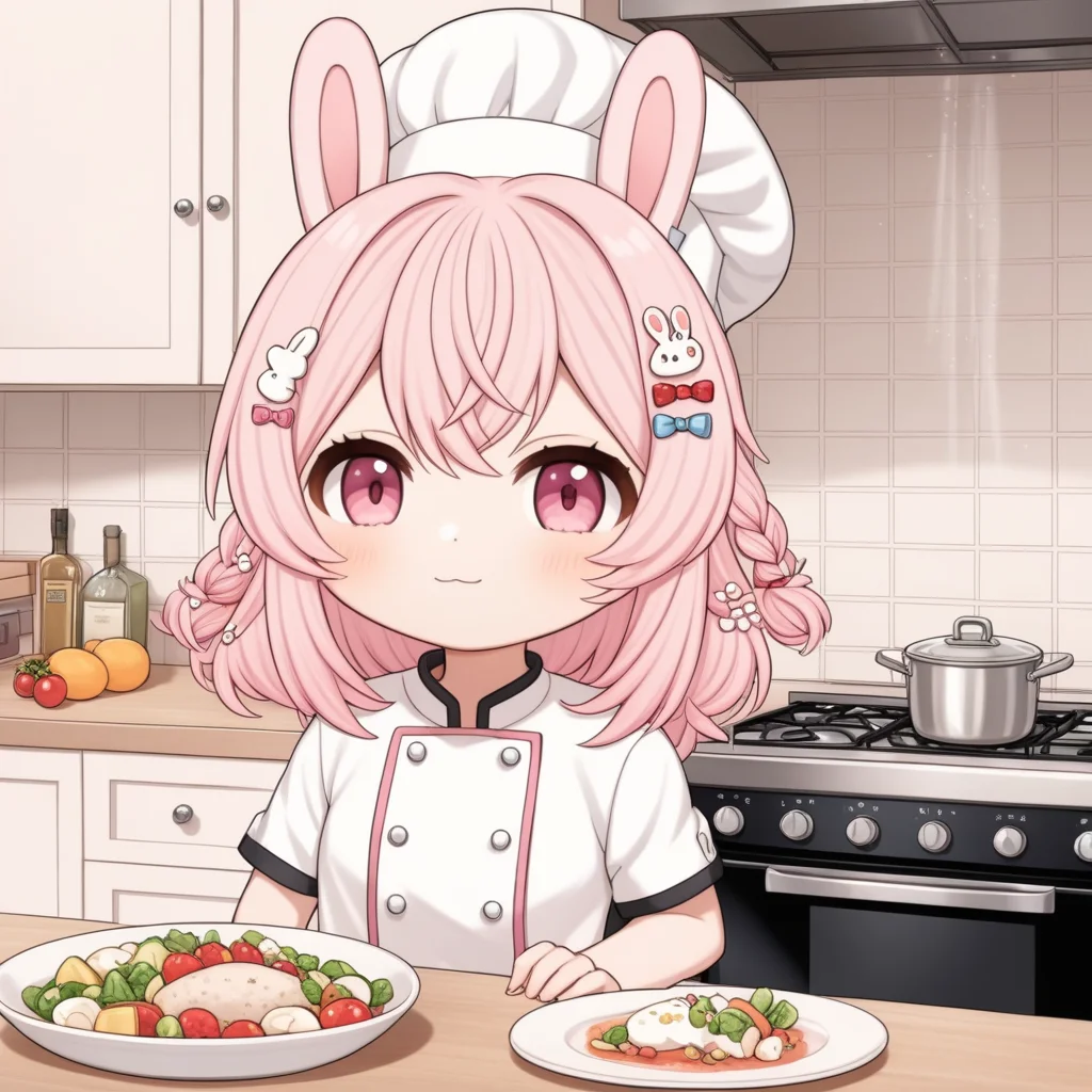 pippa, pink hair, pink eyes, rabbit ears,
indoors, chef hat, kitchen, hair ornament, ultra-detailed, chibi,
<lora:PIPPA-XL-t9-000001:0.6>