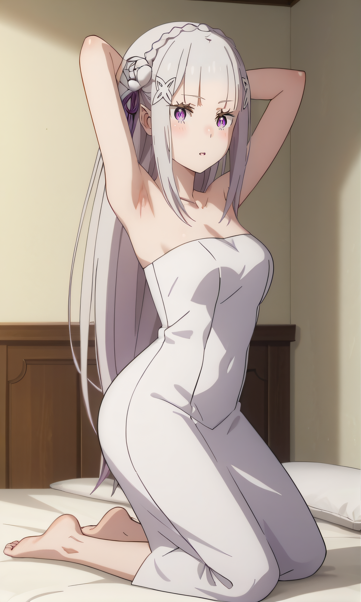 score_9, score_8_up, score_7_up, source_anime, rating_safe, intricate details, anime screencap, official style, anime coloring, 1girl, solo, <lora:3rdSEmilia:1>, altemilia, emilia (re:zero), simple dress, sleeveless, strapless, collarbone, blush, looking at viewer, kneeling, form above, barefeet, hands behind head, armpit, parted lips, from side, side view, on bed, full body