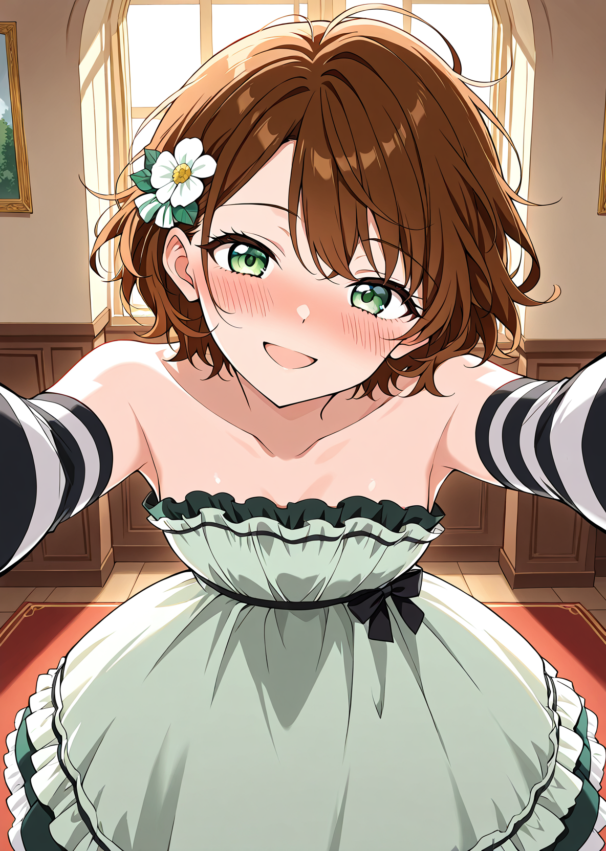 <lora:Caria_Rede__The_Beginning_After_the_End___Illustrious:1>
1 girl, solo, short hair, messy hair, wavy brown hair, green eyes, athletic body, 
flower hair accessory, elegant mint green strapless dress with black and white layered accents, striped black and white detached sleeves
score_9, score_8_up, score_7_up, score_6_up, source_anime, rating_explicit, 1girl, solo, smile, embarrassed, alcalose eyes, open mouth, mansion, indoors, looking at viewer, outstretched arms, pov, close-up, (head tilt:1.2)