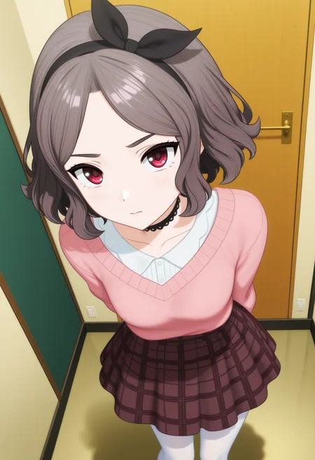 <lora:TOMO_v2_illustrious-000040:1>,(best quality:1.1),ultra-detailed,high resolution,super detailed skin,beautiful detailed eyes,8k,sharp focus,beautiful,beautiful eyes,anatomically correct,extremely detailed eyes,smooth edges,beautiful face,symmetrical eyes,
GBC_TOMO,white pantyhose,brown hair,brown plaid skirt,short hair,pink sweater,solo,choker,hairband,indoors,black choker,long sleeves,standing,black hairband,wavy hair,hans behind back,looking_at_viewer,from_above,red eyes
