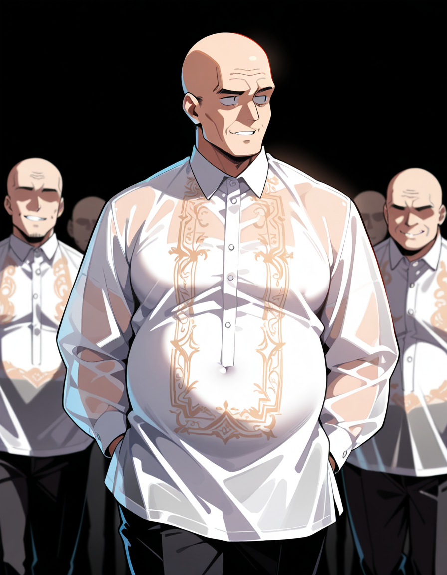 masterpiece, best quality, amazing quality,, <lora:faceless-ugly-man-illustriousxl-lora-nochekaiser:1>, faceless ugly man, faceless, ugly man, fat, faceless male, fat, bald, mature male,, <lora:barong-tagalog-illustriousxl-lora-nochekaiser:1>, barong tagalog, shirt, long sleeves, standing, white shirt, cowboy shot, parted lips, collared shirt, pants, black pants, hands in pockets, looking to the side, see-through shirt, , ,