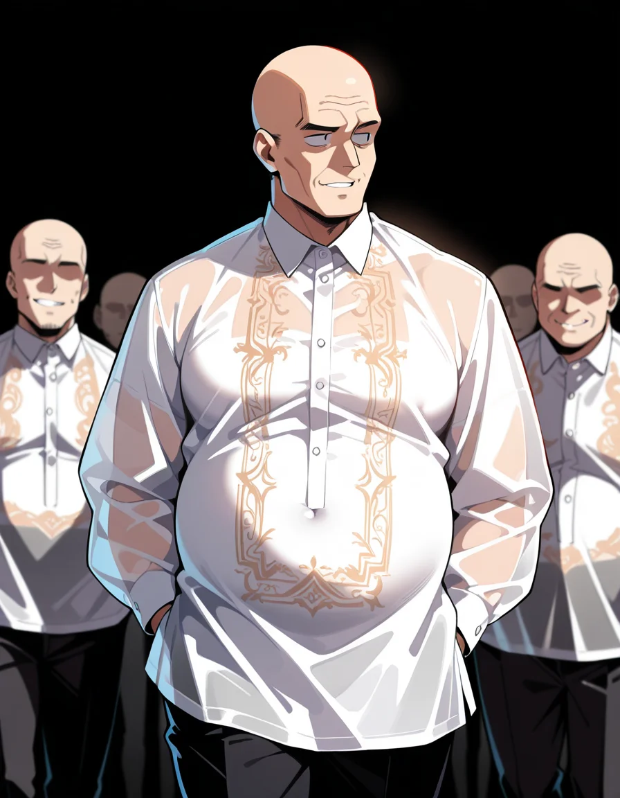 masterpiece, best quality, amazing quality,, <lora:faceless-ugly-man-illustriousxl-lora-nochekaiser:1>, faceless ugly man, faceless, ugly man, fat, faceless male, fat, bald, mature male,, <lora:barong-tagalog-illustriousxl-lora-nochekaiser:1>, barong tagalog, shirt, long sleeves, standing, white shirt, cowboy shot, parted lips, collared shirt, pants, black pants, hands in pockets, looking to the side, see-through shirt, , ,