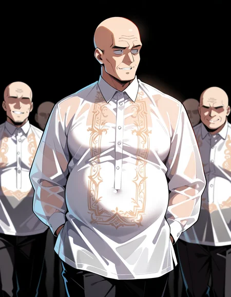 masterpiece, best quality, amazing quality,, <lora:faceless-ugly-man-illustriousxl-lora-nochekaiser:1>, faceless ugly man, faceless, ugly man, fat, faceless male, fat, bald, mature male,, <lora:barong-tagalog-illustriousxl-lora-nochekaiser:1>, barong tagalog, shirt, long sleeves, standing, white shirt, cowboy shot, parted lips, collared shirt, pants, black pants, hands in pockets, looking to the side, see-through shirt, , ,