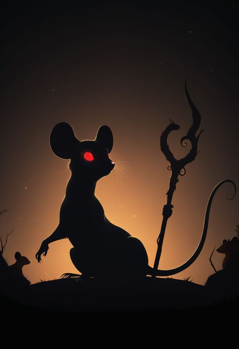 score_9,score_8_up,score_7_up,score_6_up,score_5_up,score_4_up, (((red))), backlight colors, (silhouette:2), backlighting, glowing red eyes, twinkling night sky, starry, bright colors, high contrast, vivid lighting, (((mouse))), (solo), (solo:2), furry, (feral), dress, witch hat, (holding magic staff)