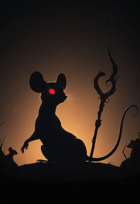 score_9,score_8_up,score_7_up,score_6_up,score_5_up,score_4_up, (((red))), backlight colors, (silhouette:2), backlighting, glowing red eyes, twinkling night sky, starry, bright colors, high contrast, vivid lighting, (((mouse))), (solo), (solo:2), furry, (feral), dress, witch hat, (holding magic staff)
