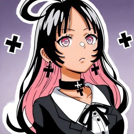 Akari Jogasaki, female, woman, girl, light pink eyes, multicolored hair, two-tone hair, two tone hair, black and pink hair, long hair, black cross earrings, black choker, black collar, perfect anatomy, detailed face, perfect face, detailed eyes, gorgeous, perfection, perfect, insanely detailed, HD, perfect eyes, perfect hands, perfect anatomy, best quality, masterpiece, beautiful, EyesHD, detailed, relaxed, hands behind back, arms behind back, clothing, clothes