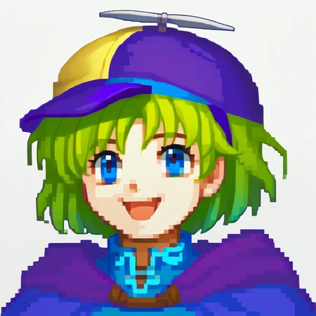 score_9, score_8_up, score_7_up, BREAK <lora:zs_FEGBAPortraitsXL:1.1> fegbaportraits, portrait, white background, <lora:NSHappyCap:1> NSHappyCap, wearing NSHappyCap, cap, <lora:nino-fe-richy-v1_pdxl:1> ninodef, blue eyes, green hair, short hair, purple hairband, blue shirt, purple cloak, happy