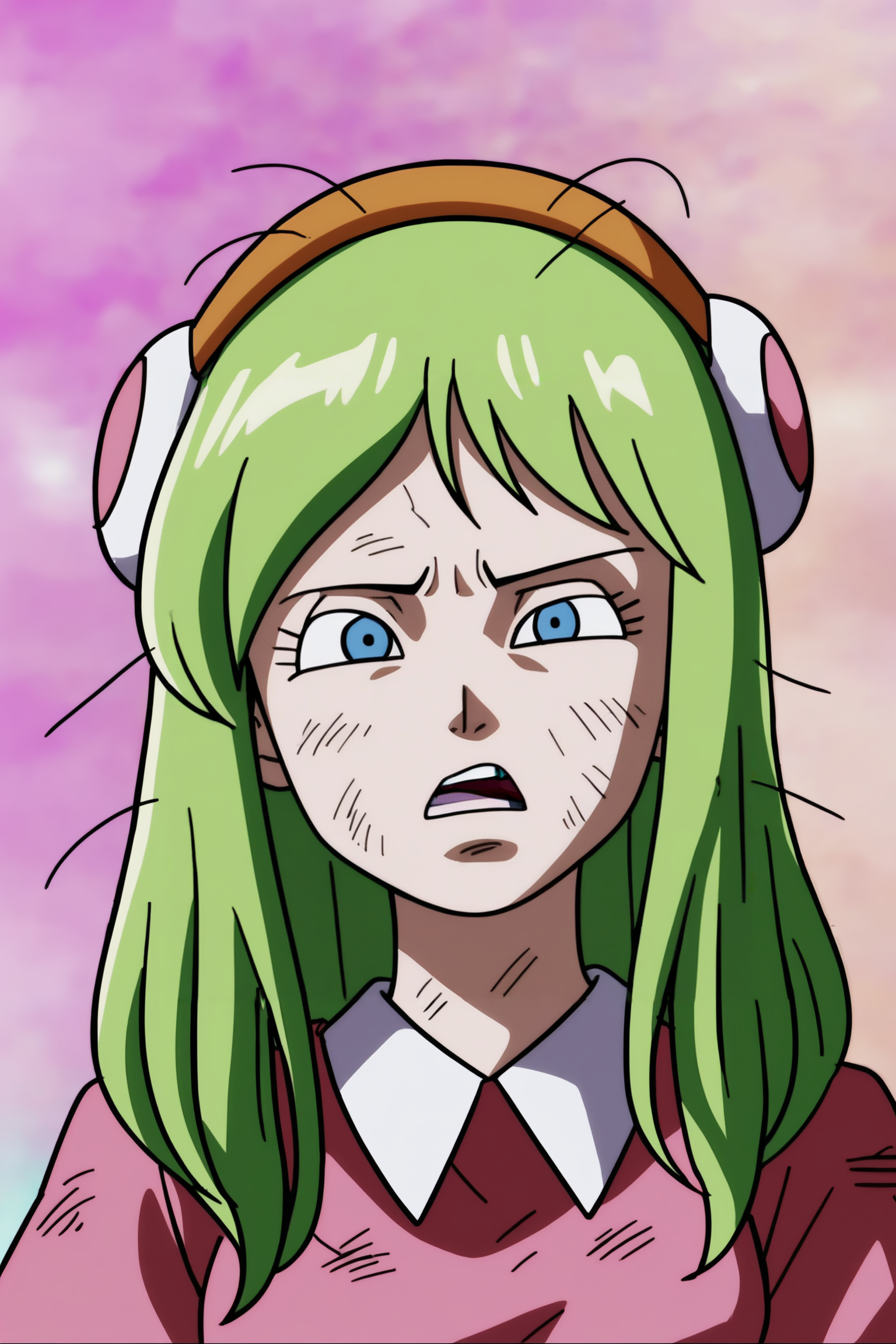 source_anime, score_9, score_8_up, score_7_up, anime screencap, absurd res, high quality,
brianne, meme, 1girl, solo, long hair, looking at viewer, open mouth, blue eyes, upper body, arms by side, detailed, green hair, upper teeth, tired, yellow hairband, messy hair, dirty clothes, dirty face, eyelashes, fire background, pink dress, 
 <lora:Kamikaze_Fireballs_v1:0.8>