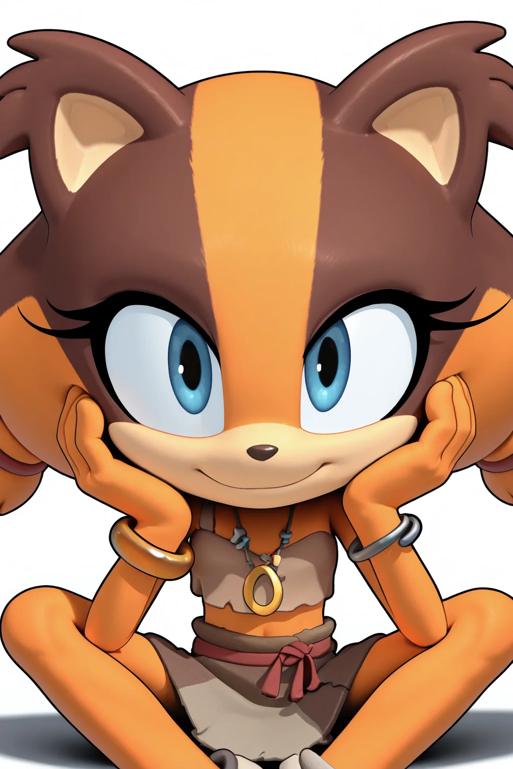 <lora:sticks_sb_ill-10:1>2d, 1girl, furry, animal ears, furry female, sticks_sb, slim, blue eyes, brown crop top, animal nose, hair ties, midriff, necklace, skirt, bracelet, jewelry, style parody,
amazing quality,very aesthetic,absurdres,newest,
looking at viewer, head rest,
white background,
butterfly sitting