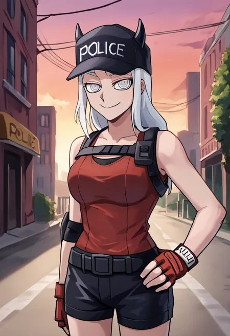 score_9, score_8_up, score_7_up, source_anime, solo, 1girl, justicepol, smile, looking at viewer, hand on hip, long hair, black headwear, police hat, horns through headwear, grey eyes, red tank top, red gloves, fingerless gloves, black shorts, outdoors, city street <lora:helltaker_justice_ponyXL:1>