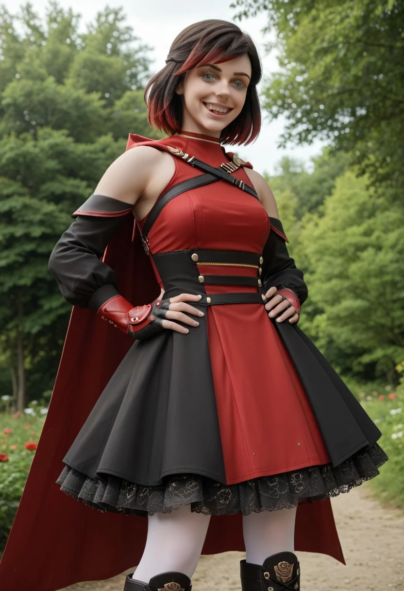 score_9, score_8_up, score_7_up,, high res ima , source_photo, source_real, (realistic:1.4),
,
1girl, cowboy shot, solo, outdoors, smile, looking at viewer, <lora:Summer_Rose_-_IL:0.8> SummerRose_RWBY, short hair, black hair,gradient hair, grey eyes, fingerless gloves, detached sleeves, bare shoulders, red dress,pantyhose, red cape, boots, masterpiece, best quality, good quality, newest,
hands hip, crazy pose, low angle, from back