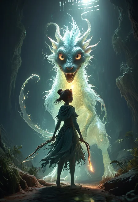 A dynamic action shot of a gargantuan translucent mythical beast wearing a cute expression, in a hazardous environment. TheWeirdies. A girl with a glowing magic staff stands in the foreground. She is taming the beast. BREAK, (translucent skin:1.5), evil eyes, looking at viewer, evil grin, laughing maniacally. BREAK, intriguing, stunning, hideous, mysterious, undiscovered, terrifying, epic, sci-fi, fantasy scene. BREAK. Semirealistic, painterly, mixed media, ultra-detailed, ray-traced, award-winning, light leaks, lens flare, volumetric light scattering, subsurface scattering, high contrast, implied motion, deep depth of field, colorful, complementary colors, color graded, BREAK, anamorphic (sci-fi lens-flare style) rings, BREAK