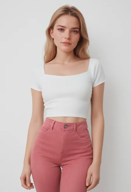 <lora:8L4J34N-000016:0.4>, (((8L4J34N))), looking at viewer, beautiful face, denim, pink pants, (((facing viewer))), 1girl, pants,, score_9, score_8_up, score_7_up,