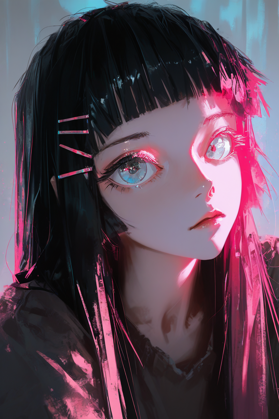 best quality, masterpiece, very awa, absurdres,    <lora:high_detailILL:0.6> high_detail, dino_(dinoartforame), <lora:Smooth_Booster_v2:0.6>, <lora:Niji_oil_painting_drawing-anime:0.8>, illustration, 
Bold, rebellious, and edgy, High-contrast lighting with chromatic aberration, Overlayed with retro VHS static effects and glitch textures,
cool girl, solo, portrait, black hair, straight hair, long hair, straight bangs, pink hair clips, short bangs, bangs above eyebrows, big eyes, grey eyes,