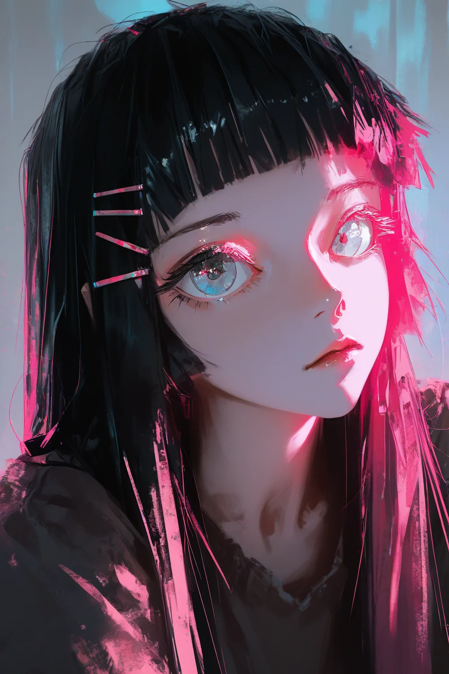 best quality, masterpiece, very awa, absurdres, <lora:high_detailILL:0.6> high_detail, dino_(dinoartforame), <lora:Smooth_Booster_v2:0.6>, <lora:Niji_oil_painting_drawing-anime:0.8>, illustration,
Bold, rebellious, and edgy, High-contrast lighting with chromatic aberration, Overlayed with retro VHS static effects and glitch textures,
cool girl, solo, portrait, black hair, straight hair, long hair, straight bangs, pink hair clips, short bangs, bangs above eyebrows, big eyes, grey eyes,
