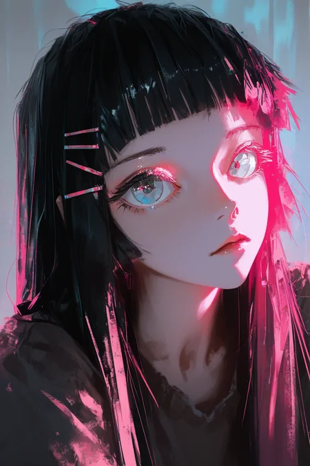 best quality, masterpiece, very awa, absurdres,    <lora:high_detailILL:0.6> high_detail, dino_(dinoartforame), <lora:Smooth_Booster_v2:0.6>, <lora:Niji_oil_painting_drawing-anime:0.8>, illustration, 
Bold, rebellious, and edgy, High-contrast lighting with chromatic aberration, Overlayed with retro VHS static effects and glitch textures,
cool girl, solo, portrait, black hair, straight hair, long hair, straight bangs, pink hair clips, short bangs, bangs above eyebrows, big eyes, grey eyes,