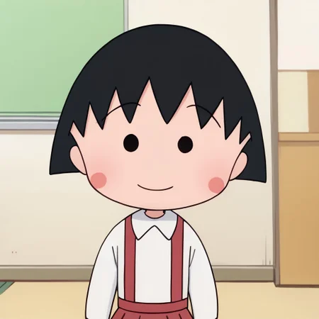 score_9, score_8_up, score_7_up BREAK ChibiMaruko, 1girl, black bobcut, black dot eyes, pink circle blush, long-sleeved white shirt, red suspenders, red pleated skirt, white socks, flat red shoes, smiling at viewer, full body,