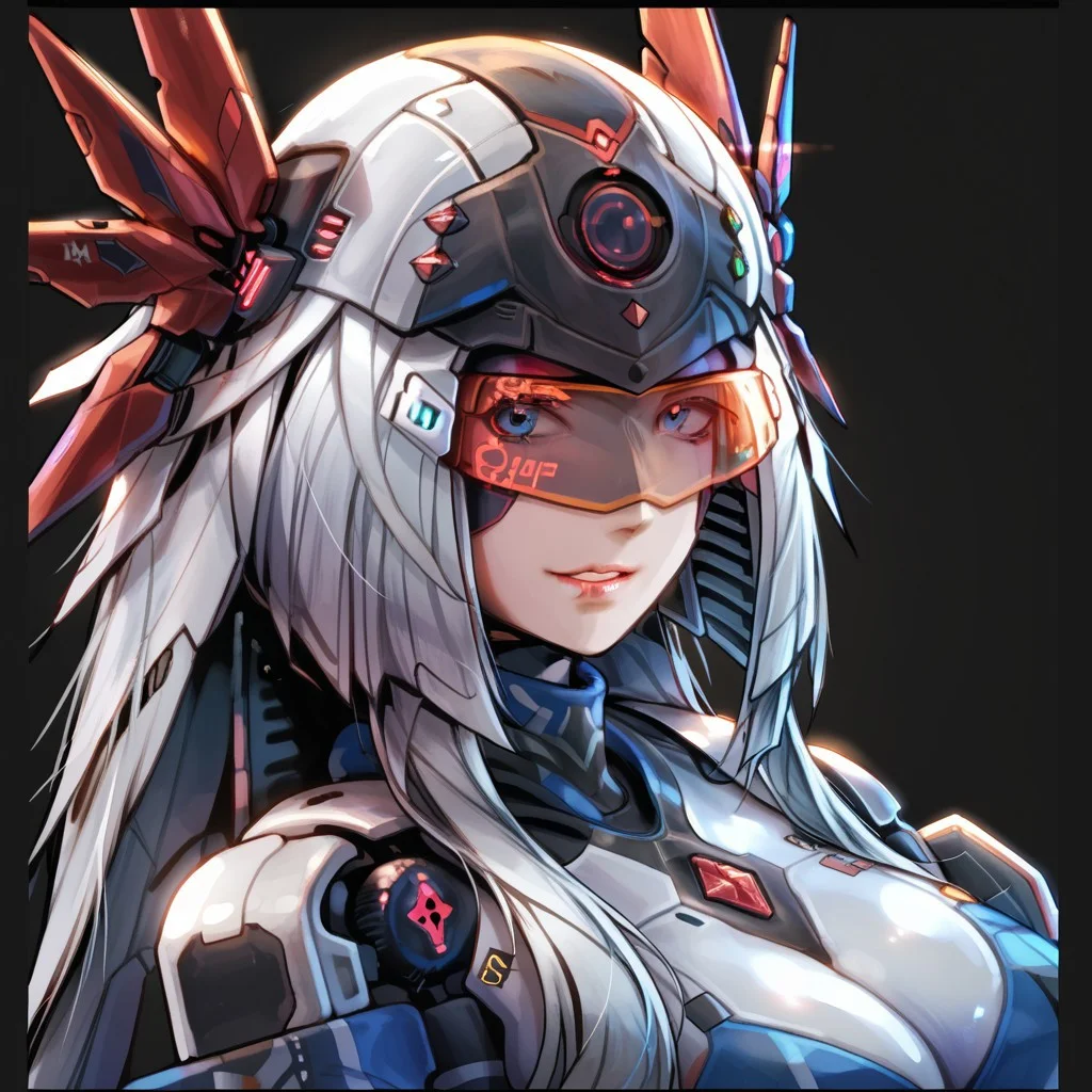 uaf-character, |||, breasts, humanoid robot, mecha musume, medium breasts, silver hair ornament, uaf_neuko, upper body, glowing, android, visor, smile, black border, uaf-portrait, robot girl, robot, uaf_redblue_backlight, parted lips, solo, uaf_red_blue_ilumination, helmet, simple background, 1girl, 80swa, Expressiveh, score_9,score_8_up,score_7_up, 20 years old, 8k, hd, beautiful korean girl, , ultra realistic, hyper realistic, detailed face, natural huge breasts, beautiful woman's face, <LoRA: uafPortraits-000110>, <LoRA: uaf Wt: 1>, pureerosface_v1, (PureErosFace_V1:0.8)