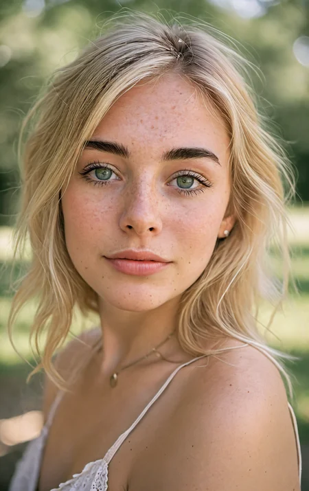 A woman in the park on a sunny day looking at the viewer,shy-smile, age 25, head tilt, shy, blush, detailed skin,blonde hair,Thorough,analog style,eye focus,highest quality,(highly detailed skin),perfect face,(bokeh:0.6),sharp focus,dappled lighting,(backlighting:0.7),film grain,photographed on a Sony A7R IV,18mm F/1.7 cine lens,(highly detailed, intricately detailed),8k,HDR,front view,
