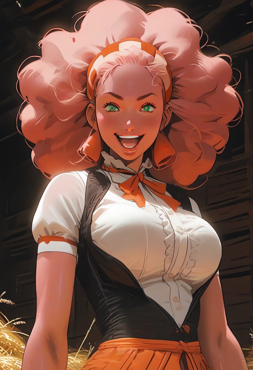 score_7_up, source_anime, uncensored, BREAK,((pink skin)),  ((solo)),
PMLenora, green eyes, big hair, afro, hairband, large breasts,
 ((bimbo)), ((pink skin)), standing, laughing, breast squeeze, glossy skin, barn background, barn, stall, hay in background, steel horizontal bars,giver pov