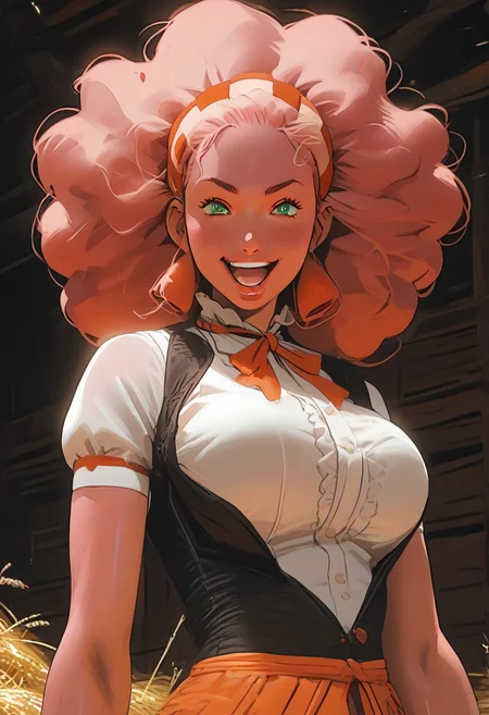 score_7_up, source_anime, uncensored, BREAK,((pink skin)), ((solo)),
PMLenora, green eyes, big hair, afro, hairband, large breasts,
((bimbo)), ((pink skin)), standing, laughing, breast squeeze, glossy skin, barn background, barn, stall, hay in background, steel horizontal bars,giver pov
