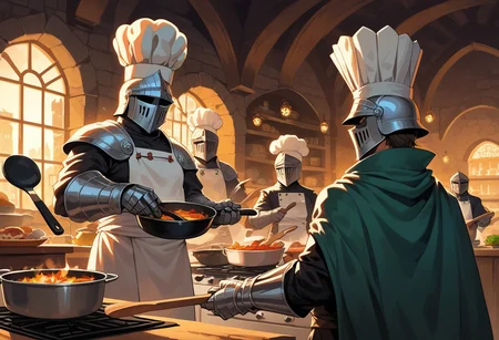 knight, big eyes, helmet, cape, big helmet, castle, stone wall, backlit, edgelit, huge gauntlets, cooking, holding a frying pan, fraying pan, pots, beard, chef hat on helmet, helmet, chef hat, lanterns, character focus, furious, angry, fuming, closeup, extreme closeup, very detailed helmet, group photo,