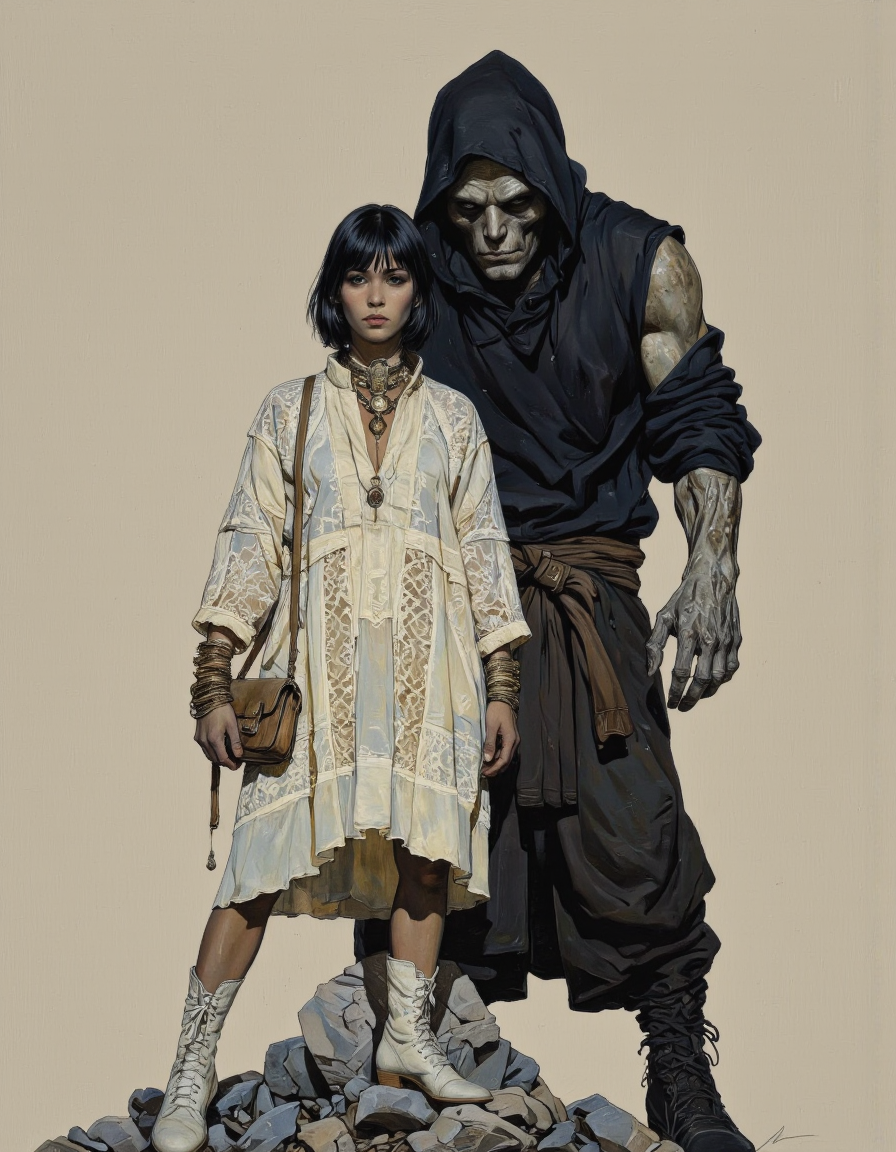 By Phandigrams. This image is a digital illustration in a dark, moody style, featuring a young woman and a monstrous figure. The woman stands in the foreground, facing forward with a determined expression. She has medium-dark skin and shoulder-length, straight black hair with bangs. She wears a loose, off-white, high-collared tunic dress with intricate lace detailing at the hem, which falls to mid-thigh. Her outfit is complemented by a large, gold pendant necklace with a circular design and multiple gold bangles on both wrists. She also carries a small, tan leather crossbody bag with a gold clasp. Her footwear consists of white, lace-up boots that reach her knees.
Behind her, looming ominously, is a monstrous figure with a skeletal face and exposed, muscular arms. The figure wears a dark, oversized hoodie that hangs loosely, revealing the skeletal structure of its hands. The background is a muted, beige color, creating a stark contrast with the dark tones of the monstrous figure. The rocky ground beneath the woman's feet adds to the gritty, post-apocalyptic feel of the scene. The overall mood is tense and ominous, suggesting a struggle or confrontation between the woman and the monstrous figure. <lora:Phandigrams:0.85>