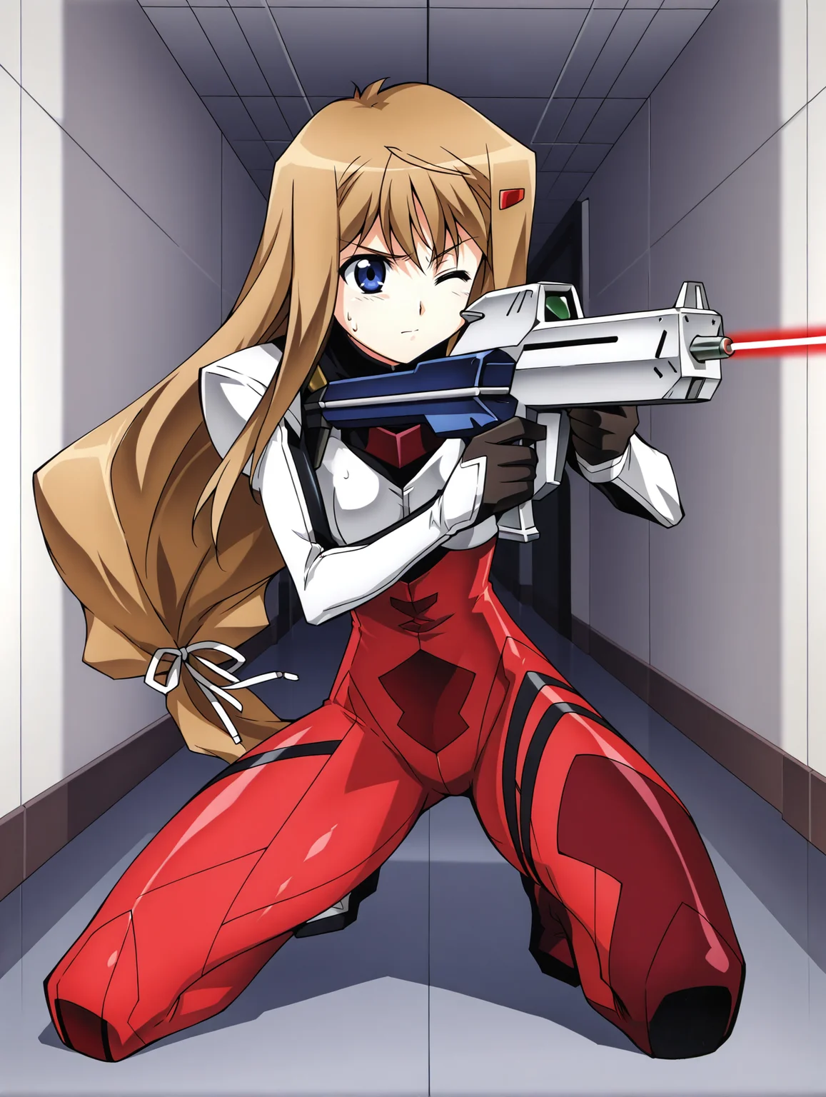 <lora:hiiragi-v2-illustrious-000050:1> akao, hairclip, pilot suit, solo, laser rifle, on one knee, holding weapon, one eye closed, aiming, hallway, dynamic, sweat, close-up