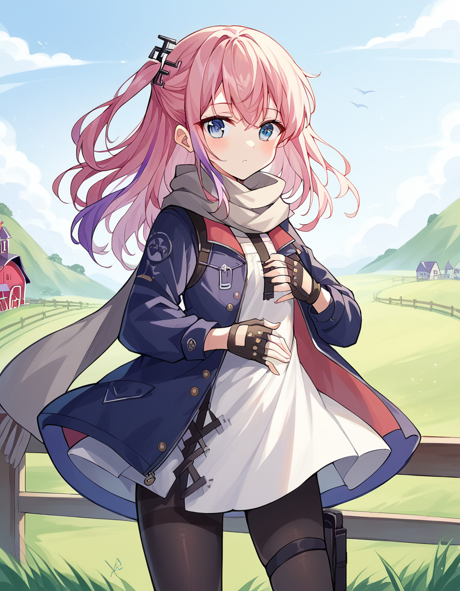score_9, score_8_up, score_7_up, source_anime, <lora:girlsfrontline-st-ar-15-ponyxl-lora-nochekaiser:1>, st ar-15, blue eyes, hair ornament, long hair, multicolored hair, one side up, streaked hair, pink hair, purple hair,, asymmetrical legwear, black pantyhose, black socks, dress, fingerless gloves, gloves, grey scarf, holster, jacket, pantyhose, scarf, shirt, single leg pantyhose, single thighhigh, strap, thigh holster, thigh strap, thighhighs, uneven legwear, white shirt,, windmill, blades, farm, wind, traditional, , hand on stomach, blush,, looking at viewer, solo,, dutch angle, cowboy shot