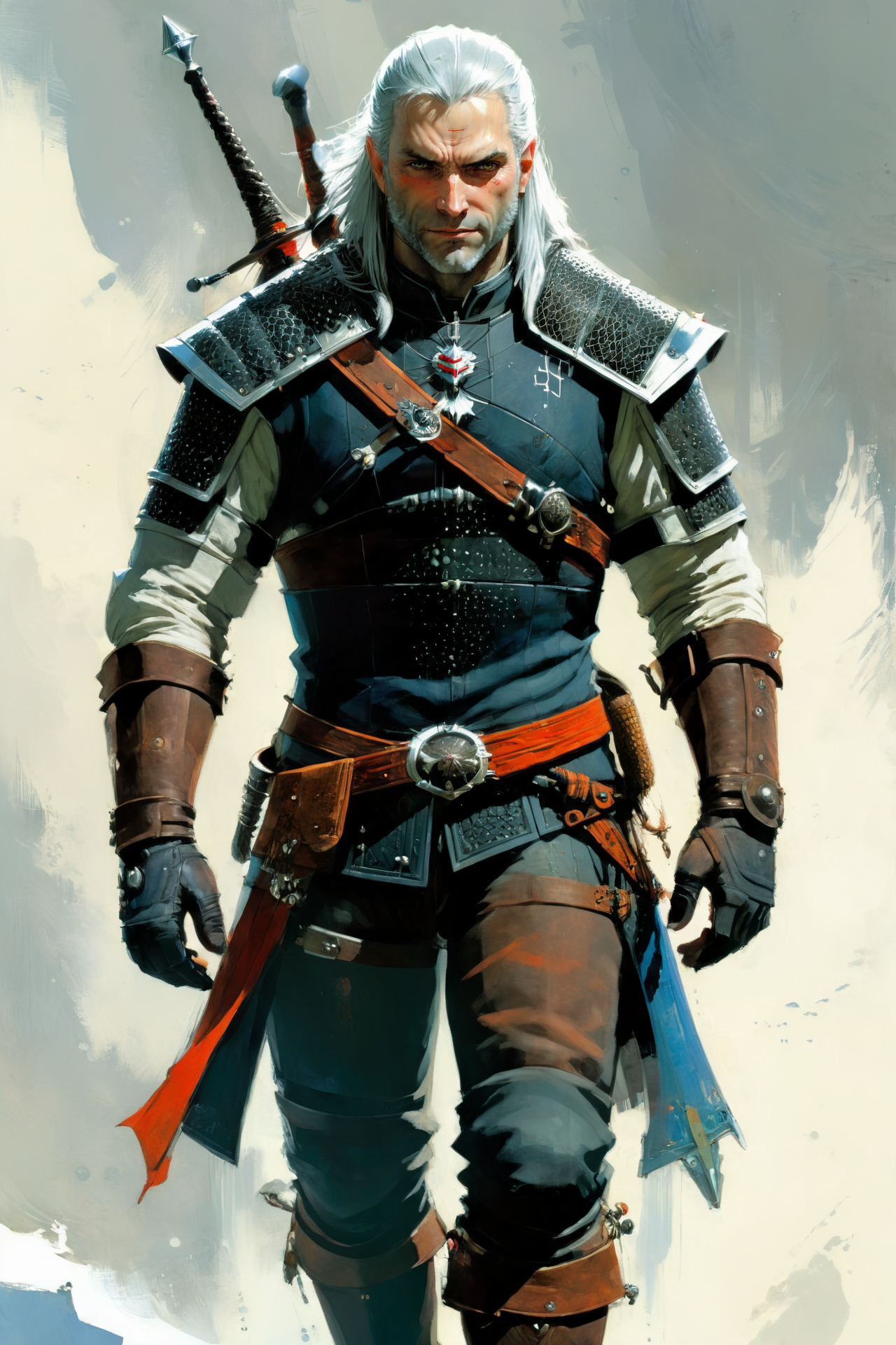 the witcher, by Jason Chan, fullbody, neutralbackground of stylised panels <lora:xl_more_art-full_v1:1> <lora:John Berkey Style:1> John Berkey Style page, (masterpiece:1.2), best quality