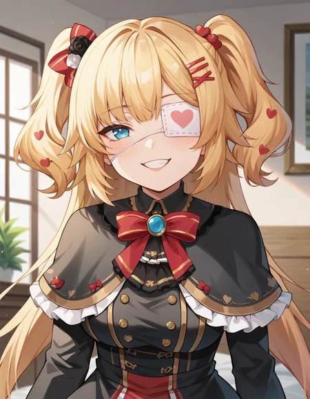 score_9, score_8_up, score_7_up, score_6_up, score_5_up, score_4_up, source_anime, anime screencap,  BREAK 1girl, solo, upper body, indoors, bedroom, smug
<lora:Akai_Haato_Pony:1> chamablk, long hair, blonde hair, blue eyes, eyepatch, twintails, hair ornament, jewelry, black dress, red skirt, frills, capelet, hair bow, hairclip, thighhighs, boots,