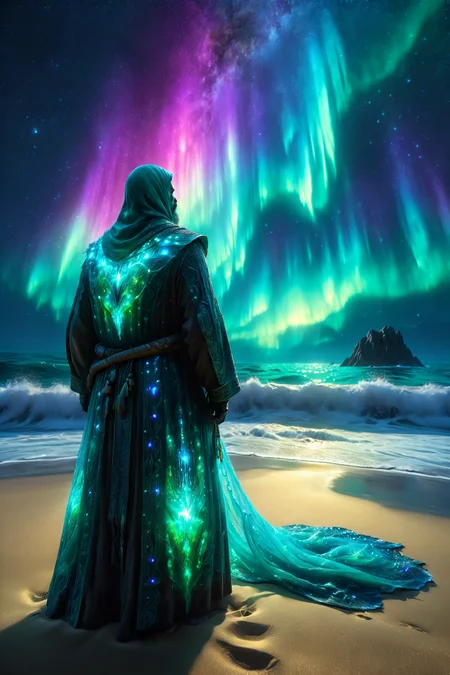 sand nomad with glowing robes, morph-aurora, ocean depths with bioluminescent fish, detailed background, best quality, vibrant colors, photorealistic style, high detail, hyper-realistic, highres, 4K resolution, realistic photo, masterpiece, ultra-detailed, cosmic shine, teals and magentas, ethereal glow, close-up shot, <lora:add-detail-xl:1> <lora:aurora_0_100_V1-000009:0.65>