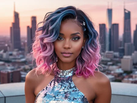 A headshot photo of a female model with ombre blue and pink wavy hair, wearing a silver sequin dress. A futuristic city skyline at sunset background.