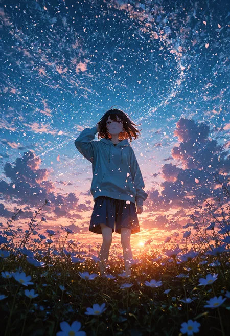 scenery, wide shot, three_quarter_view, 1girl, hand in own hair, looking up, looking away, hoodie, culottes, spring \(season\), wind, falling petals, light particles, parting, setting off, sunset, watercolor \(medium\), blurry foreground, gradient, polarized, lonely, ephemeral, masterpiece, best quality, amazing quality, very aesthetic, absurdres, newest,