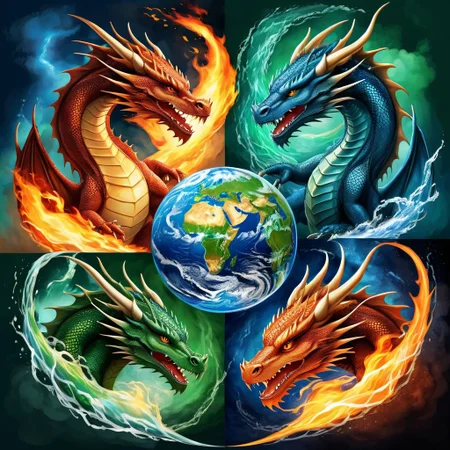 (((four dragons))), (planet earth centered), fourfold, dragons represent the 4 elements, (fire element огненный dragon), (water element blue dragon), ( earth element dark green dragon), (air element cloudy dragon)