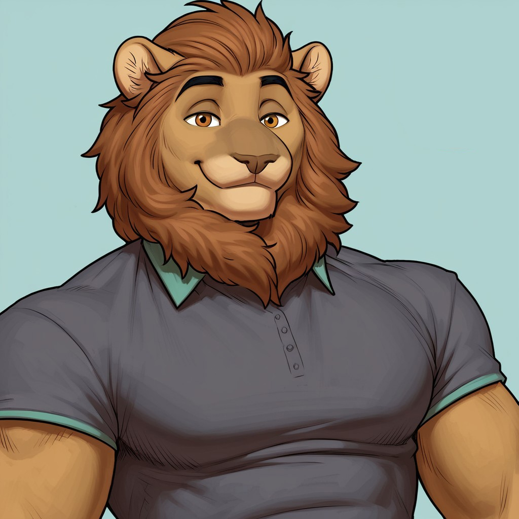 score_9, score_8_up, score_7_up, Expressiveh, masterpiece, best quality, highly detailed, realistic,  1boy, solo, (LuisMH, furry, anthro, lion, brown hair, brown mane, black eyebrows, light-brown eyes, black pupils, tan body, tan fur, muscular male, grey shirt, green collar band, clothed), upper body, close-up, (((blue background, simple background)), smile, looking at viewer, closed mouth