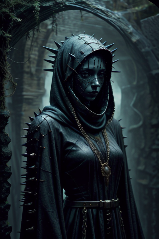 1girl,at distance,<lora:dungeon v1:0.7>,dungeon-background,dungeon,underground,stone wall,moss,<lora:cultiste:0.7>,cloak,hood up,robe,jewelry,chain,spike,<lora:Concept_-_Hella-sthetic_v2:0.7>,ceramic mask,the full and whole body,full length shot,, intricate, elegant, highly detailed, symmetry, magical atmosphere, sharp focus, majestic, very coherent, radiant, advanced, cinematic, artistic, fine detail, winning, beautiful, stunning, dramatic light, designed, rich deep colors, perfect professional background, ambient, tailored set composition