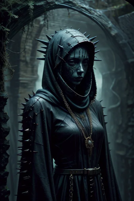 1girl,at distance,<lora:dungeon v1:0.7>,dungeon-background,dungeon,underground,stone wall,moss,<lora:cultiste:0.7>,cloak,hood up,robe,jewelry,chain,spike,<lora:Concept_-_Hella-sthetic_v2:0.7>,ceramic mask,the full and whole body,full length shot,, intricate, elegant, highly detailed, symmetry, magical atmosphere, sharp focus, majestic, very coherent, radiant, advanced, cinematic, artistic, fine detail, winning, beautiful, stunning, dramatic light, designed, rich deep colors, perfect professional background, ambient, tailored set composition