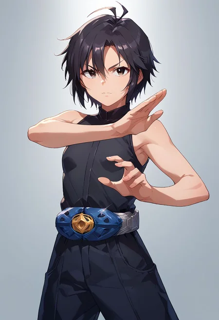 score_9, score_8_up, score_7_up, source_anime,
kkcmkt, short hair, black hair, antenna hair, hair between eyes, black eyes, flat chest, small breasts, rider belt, henshin pose