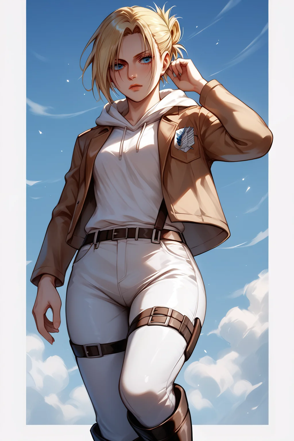 score_9, score_8_up, score_7_up, BREAK source_anime, <lora:annie leonhardt-PonyXL-lora-Faxtron:0.8> annie leonhardt, single hair bun, white hoodie, open cropped brown jacket, white pants, survey corps \(emblem\), boots,
