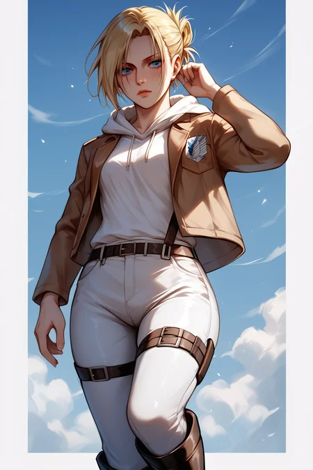 score_9, score_8_up, score_7_up, BREAK source_anime, <lora:annie leonhardt-PonyXL-lora-Faxtron:0.8> annie leonhardt, single hair bun, white hoodie, open cropped brown jacket, white pants, survey corps \(emblem\), boots,