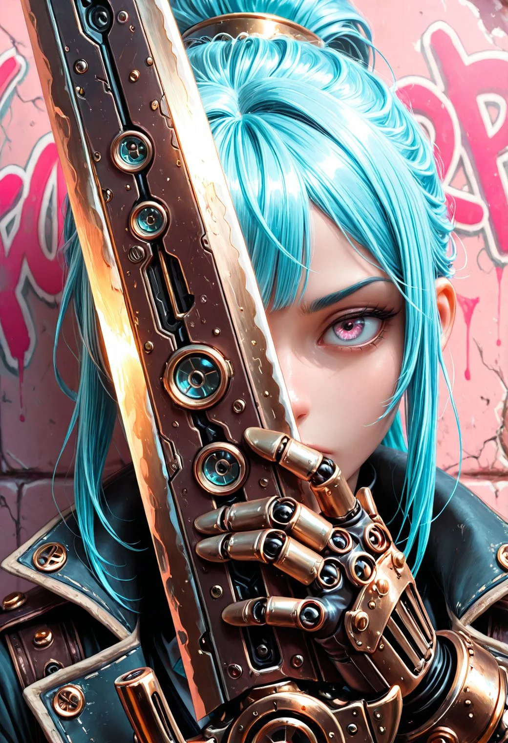 SmoothNoob_Quality, steampunk. 1girl, pink accent, portrait, graffiti art, neon blue hair, (holding a mechanical wide sword up to face, covering half of face with sword), giant mechanical sword, rust sword, pink graffiti wall background, very close up, <lora:Smooth_SteamPunk:0.5>