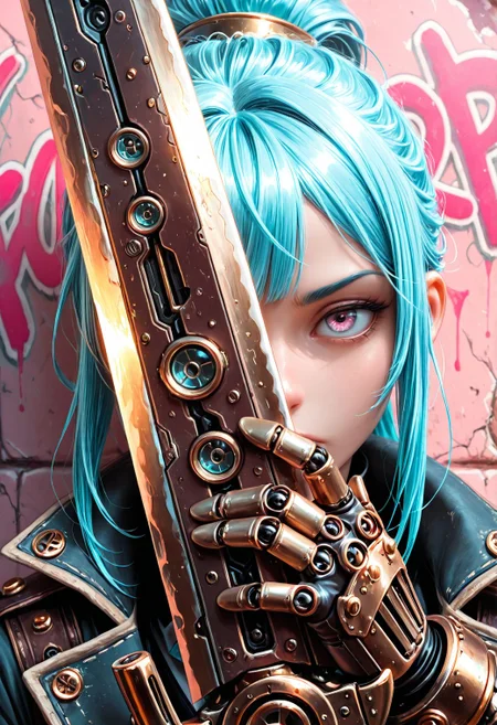 SmoothNoob_Quality, steampunk. 1girl, pink accent, portrait, graffiti art, neon blue hair, (holding a mechanical wide sword up to face, covering half of face with sword), giant mechanical sword, rust sword, pink graffiti wall background, very close up, <lora:Smooth_SteamPunk:0.5>
