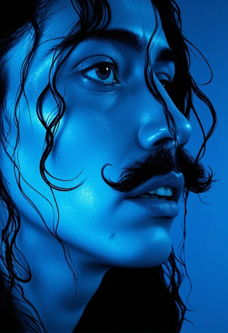a beautifully crafted portrait illustration of salvador dali (((while salvador dali moustache is in blue light style))) (((moustache in blue light style))) ,only moustache in blue light style featuring intricate details, rich colors, and dynamic lighting that enhances depth and mood