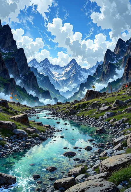 Nepalese Himalayan Valley – Sacred Peaks & Flowing Rivers
"A breathtaking valley in the heart of the Himalayas, surrounded by towering, snow-covered peaks. A glacial river winds through the valley, its waters a brilliant shade of blue. Small prayer flags flutter in the breeze, adding splashes of color to the serene, untouched landscape. The distant sound of a yak bell echoes through the crisp mountain air."