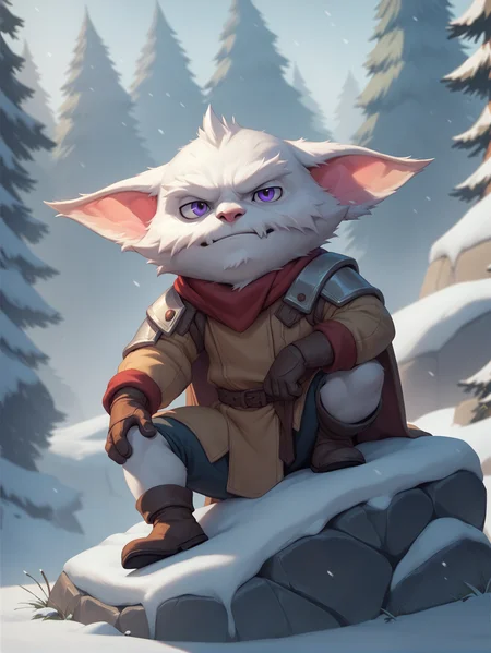 score_9, score_8_up, score_7_up, score_6_up, score_5_up, score_4_up, yordle male sitting on rock in snowy tundra, white fur, <lora:LegendsofRuneterraXL:1>
