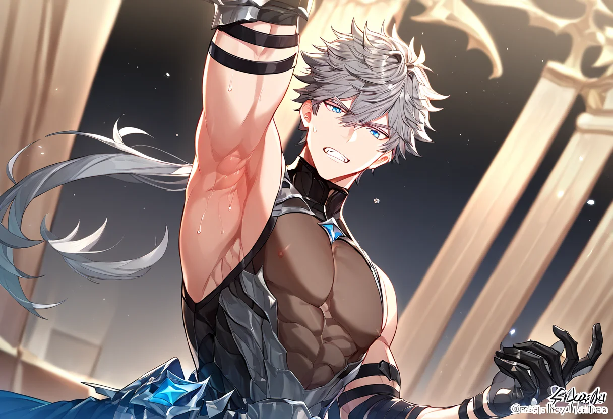 1boy,solo,male focus,arm up,looking at viewer,armpits,grey hair,armor,blue eyes,pectorals,upper body,short hair,muscular,sleeveless,gloves,ponytails,long hair,nipple,sweat,
<lora:Expressive_H:1>,<lora:chasekings_raid-000009:1>,from_below,foreshortening,glaring,fang_out,teeth,, 1boy, male focus, character name, series name,best quality, amazing quality, best aesthetic, absurdres,score_9,score_8_up,score_7_up,